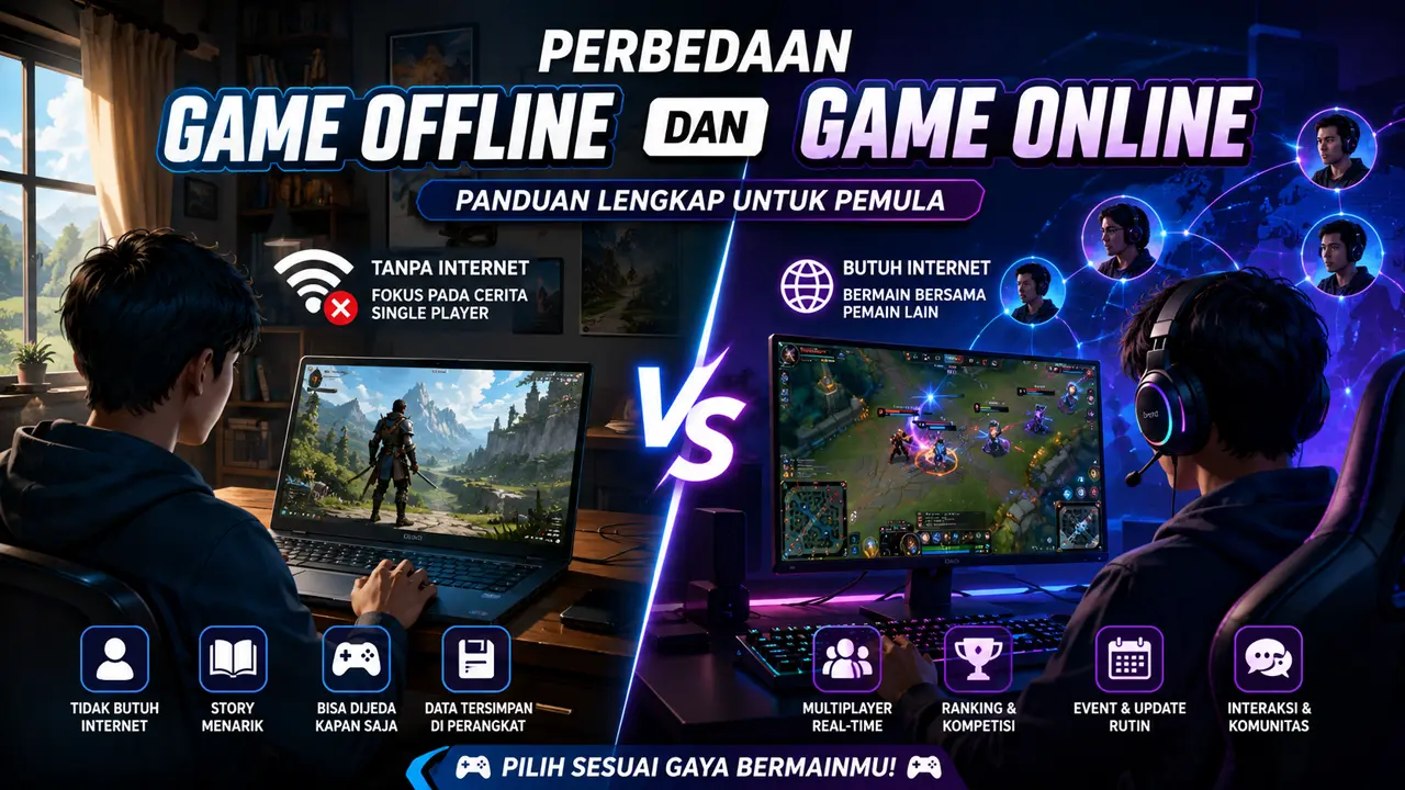 Perbedaan game offline dan online lengkap untuk pemula di Indonesia.