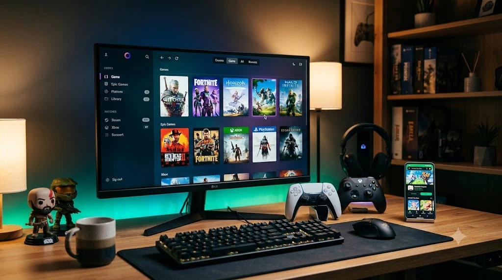 Monitor komputer menampilkan berbagai platform game online terbaik bersanding dengan controller dan smartphone di atas meja.